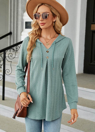 Decorative Button Drawstring Long Sleeve Hoodie - MimiStylez