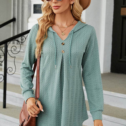 Decorative Button Drawstring Long Sleeve Hoodie - MimiStylez