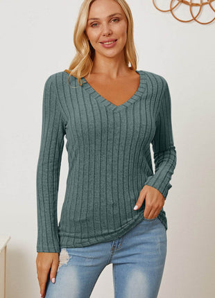 Basic Bae Full Size Ribbed V-Neck Long Sleeve T-Shirt - MimiStylez