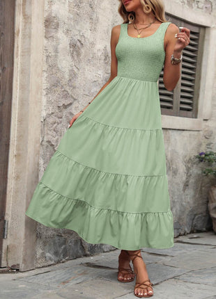 Smocked Scoop Neck Sleeveless Tank Dress - MimiStylez