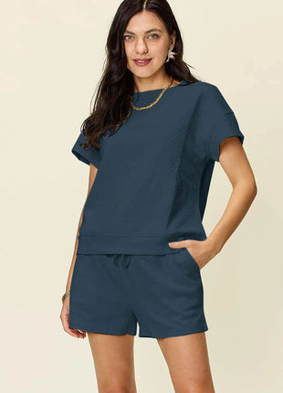 Double Take Full Size Texture Short Sleeve T-Shirt and Drawstring Shorts Set - MimiStylez