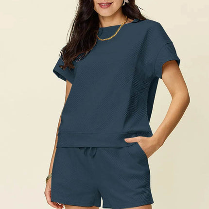 Double Take Full Size Texture Short Sleeve T-Shirt and Drawstring Shorts Set - MimiStylez
