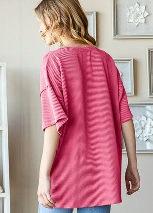 Heimish Full Size Ribbed Half Button Drop Shoulder Top - MimiStylez