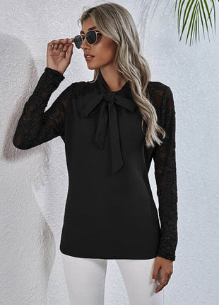 Tie Neck Spliced Lace Long Sleeve Top - MimiStylez