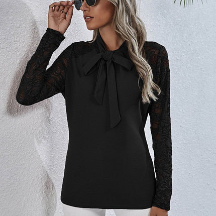 Tie Neck Spliced Lace Long Sleeve Top - MimiStylez