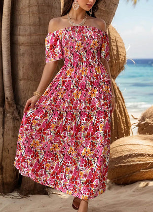 Slit Floral Off-Shoulder Short Sleeve Dress - MimiStylez