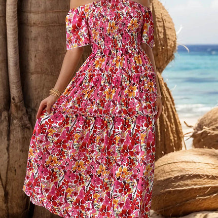 Slit Floral Off-Shoulder Short Sleeve Dress - MimiStylez