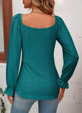 Tie Front V-Neck Puff Sleeve Blouse - MimiStylez