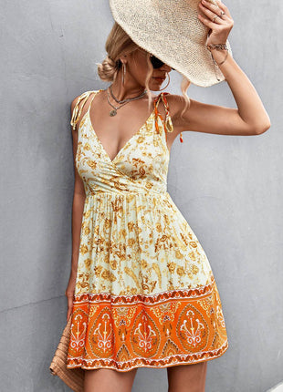 Bohemian Tie Shoulder Surplice Backless Dress - MimiStylez