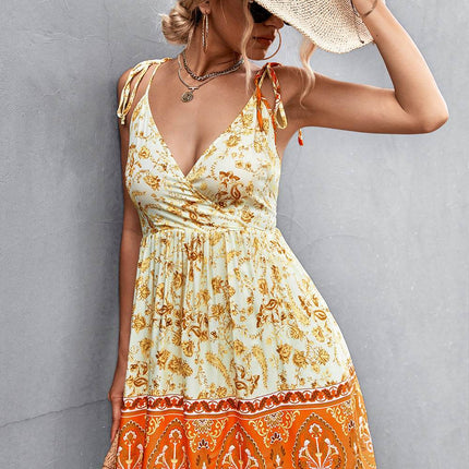 Bohemian Tie Shoulder Surplice Backless Dress - MimiStylez