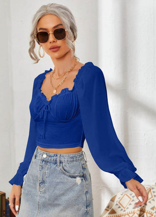Mesh Sweetheart Neck Flounce Sleeve Top - MimiStylez