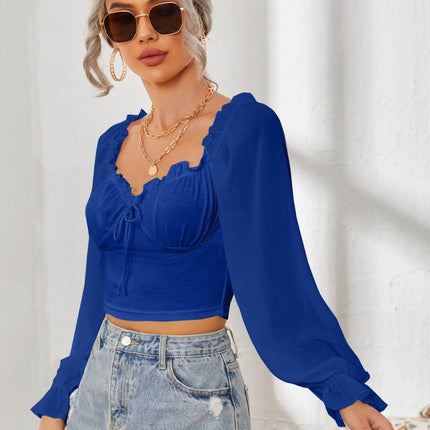 Mesh Sweetheart Neck Flounce Sleeve Top - MimiStylez