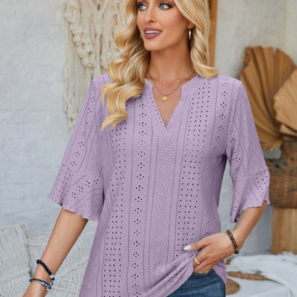 Eyelet Notched Half Sleeve T-Shirt - MimiStylez