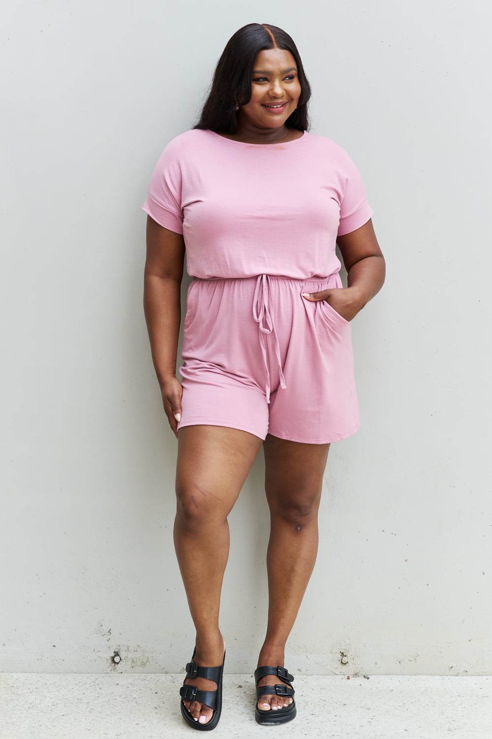Zenana Chilled Out Full Size Short Sleeve Romper in Light Carnation Pink - MimiStylez