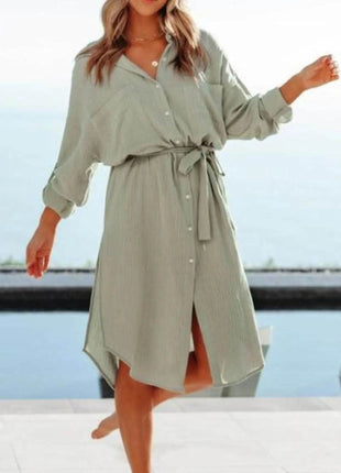 Button Down Tie Waist Shirt Dress - MimiStylez