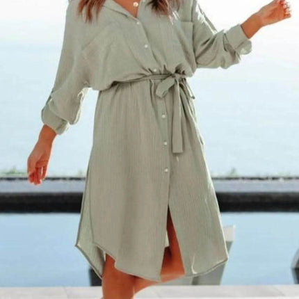 Button Down Tie Waist Shirt Dress - MimiStylez