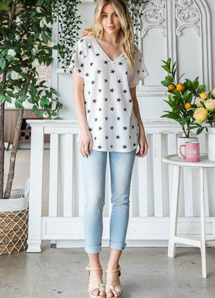 Heimish Full Size Star Print Short Sleeve V-Neck Waffle Knit T-Shirt - MimiStylez