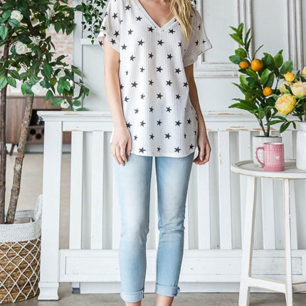 Heimish Full Size Star Print Short Sleeve V-Neck Waffle Knit T-Shirt - MimiStylez