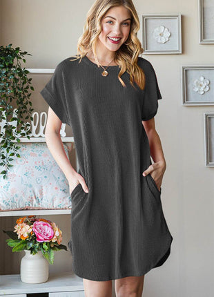 Heimish Full Size Ribbed Round Neck Short Sleeve Tee Dress - MimiStylez