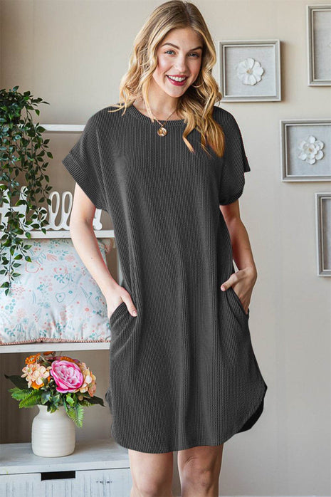 Heimish Full Size Ribbed Round Neck Short Sleeve Tee Dress - MimiStylez