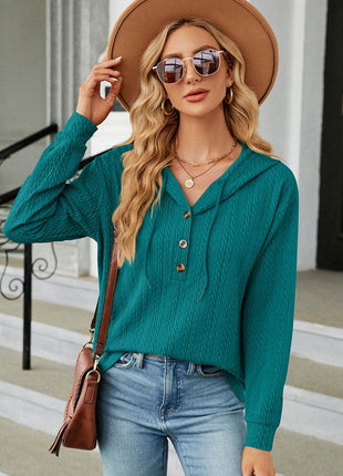 Drawstring Half Button Long Sleeve Hoodie - MimiStylez
