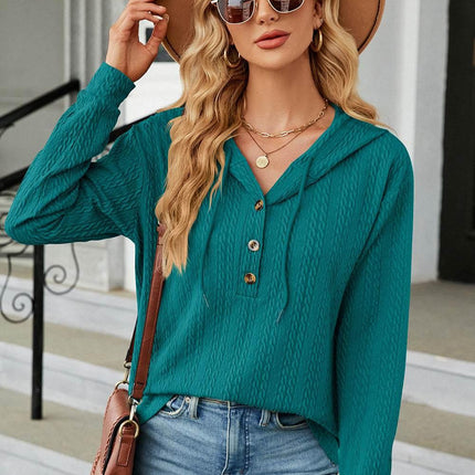 Drawstring Half Button Long Sleeve Hoodie - MimiStylez