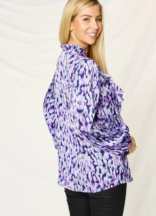 Double Take Full Size Printed Ruffle Trim Balloon Sleeve Shirt - MimiStylez