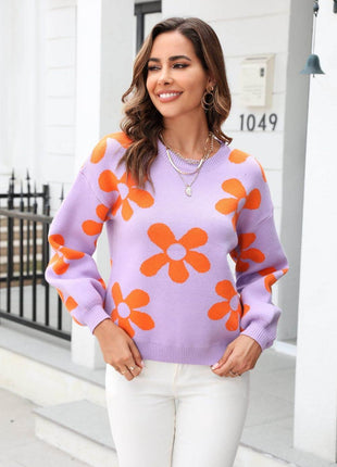 Floral Print Round Neck Dropped Shoulder Pullover Sweater - MimiStylez