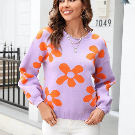 Floral Print Round Neck Dropped Shoulder Pullover Sweater - MimiStylez