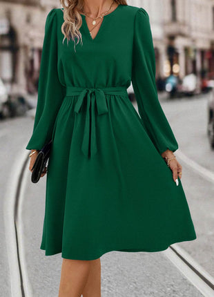 Tie Waist Notched Neck Long Sleeve Dress - MimiStylez