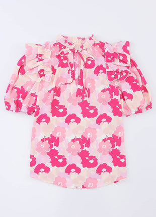 Floral Tie Neck Ruffle Shoulder Blouse - MimiStylez