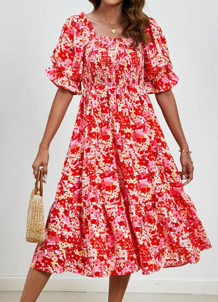 Smocked Floral Square Neck Short Sleeve Dress - MimiStylez