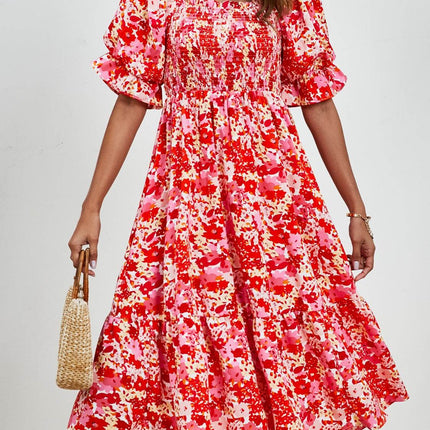 Smocked Floral Square Neck Short Sleeve Dress - MimiStylez