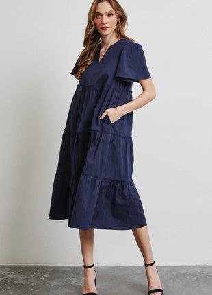 HEYSON Full Size Cotton Poplin Ruffled Tiered Midi Dress - MimiStylez