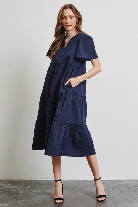 HEYSON Full Size Cotton Poplin Ruffled Tiered Midi Dress - MimiStylez