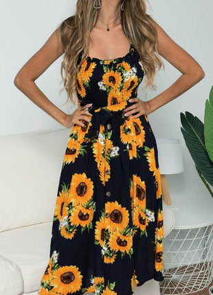 Smocked Sunflower Printed Sleeveless Cami Dress - MimiStylez