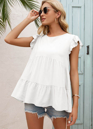 Round Neck Flutter Sleeve Tiered Blouse - MimiStylez