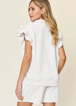 Double Take Full Size Texture Flounce Sleeve Top and Drawstring Shorts Set - MimiStylez