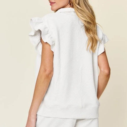Double Take Full Size Texture Flounce Sleeve Top and Drawstring Shorts Set - MimiStylez