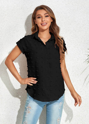 Swiss Dot Button Up Cap Sleeve Shirt - MimiStylez
