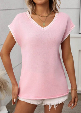 Contrast Trim V-Neck Short Sleeve Knit Top - MimiStylez