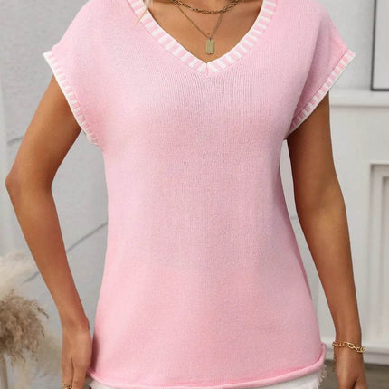 Contrast Trim V-Neck Short Sleeve Knit Top - MimiStylez