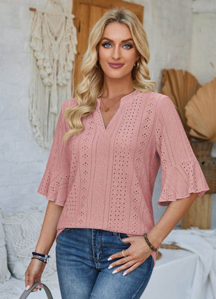 Eyelet Notched Half Sleeve T-Shirt - MimiStylez