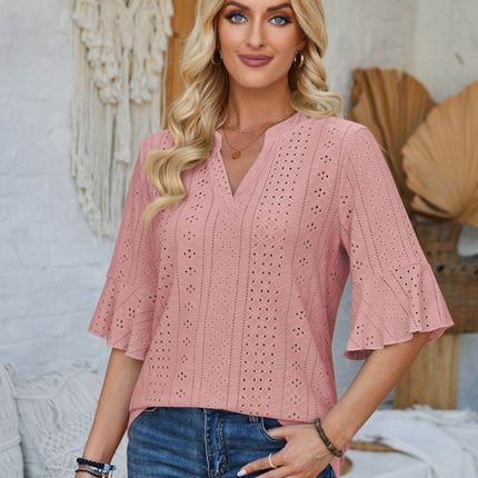 Eyelet Notched Half Sleeve T-Shirt - MimiStylez