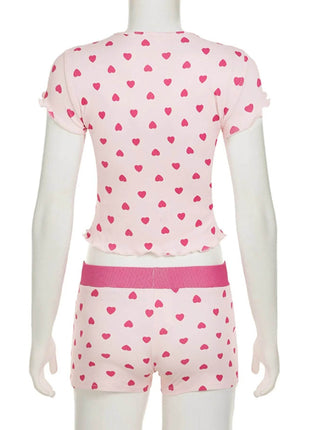 Heart Print Top and Shorts Loungewear Set - MimiStylez