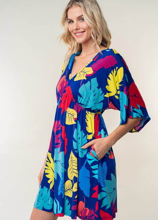 White Birch Full Size Printed V-Neck Mini Dress - MimiStylez