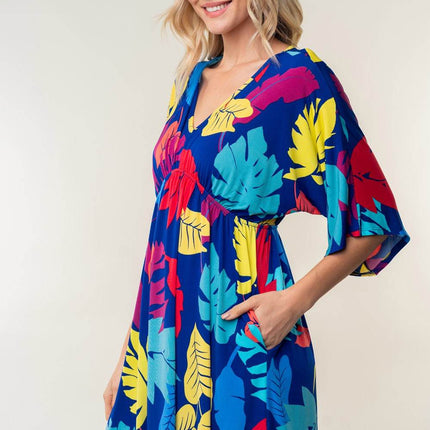 White Birch Full Size Printed V-Neck Mini Dress - MimiStylez