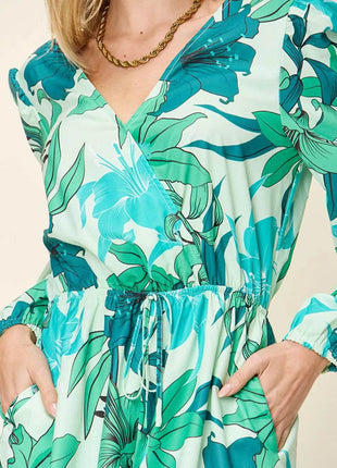 Double Take Full Size Floral Long Sleeve Romper with Pockets - MimiStylez