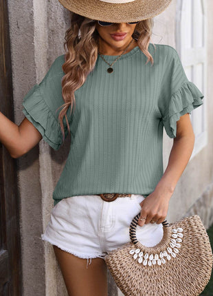 Ruffled Round Neck Short Sleeve Blouse - MimiStylez