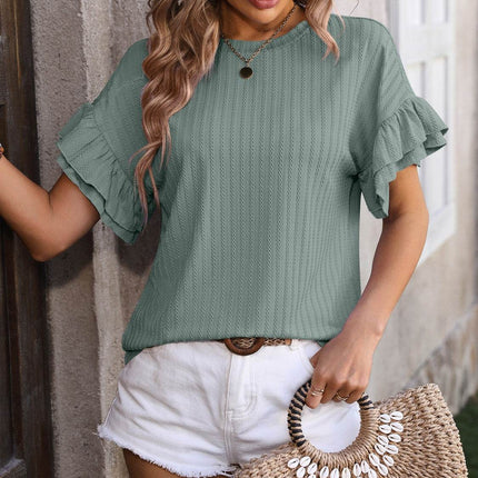 Ruffled Round Neck Short Sleeve Blouse - MimiStylez
